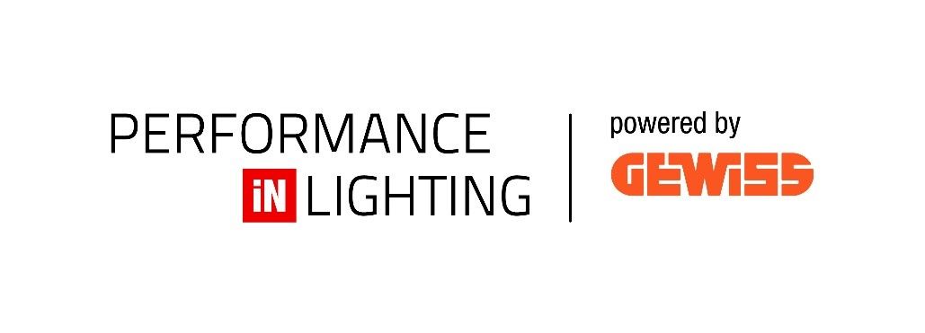 A logo for performance lighting, with the words performance lighting positioned above it.