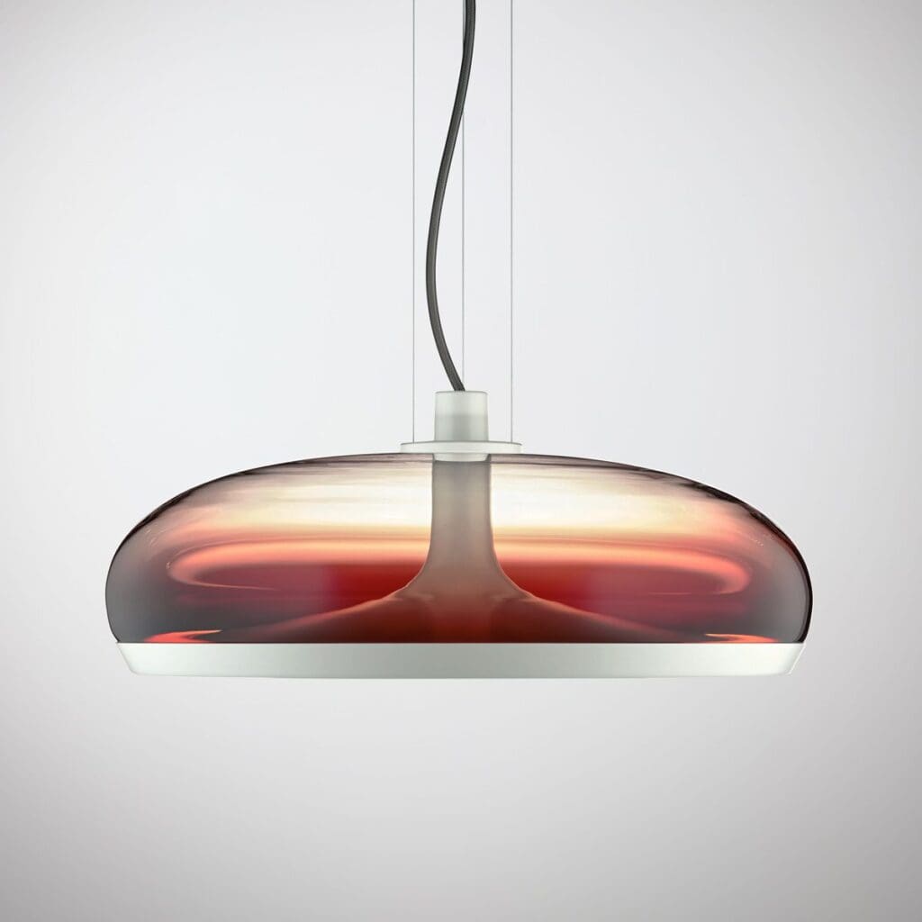 Modern pendant lamp with a sleek, translucent design and warm amber glow.