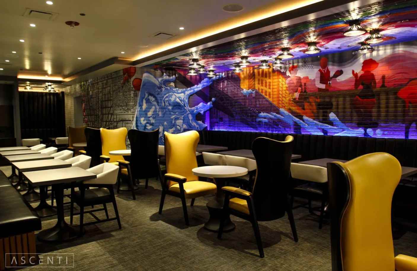 A restaurant with many chairs and tables in it