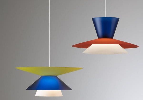 Two modern pendant lamps with colorful geometric designs hanging.