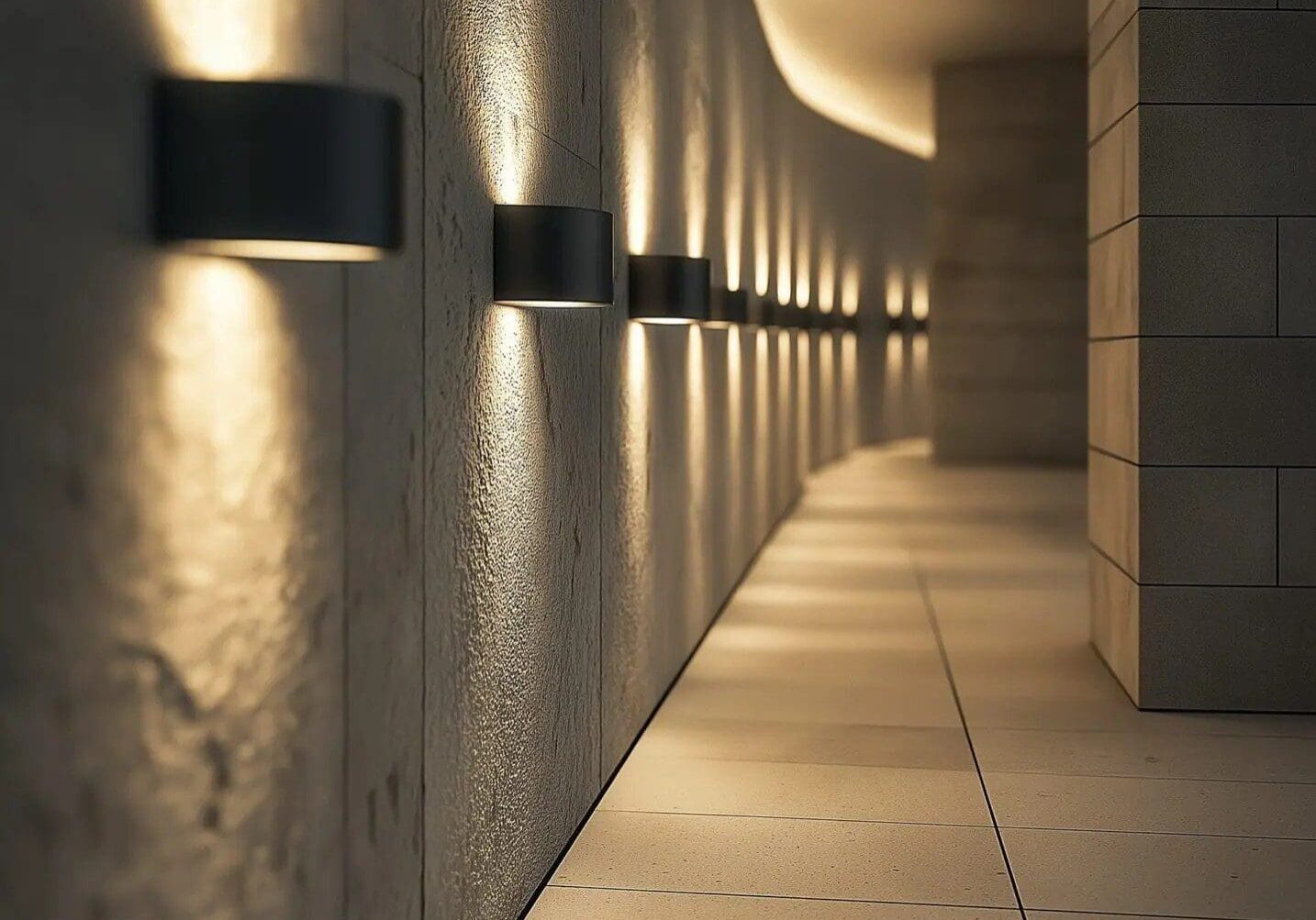 A modern hallway with wall-mounted cylindrical lights casting soft glows.